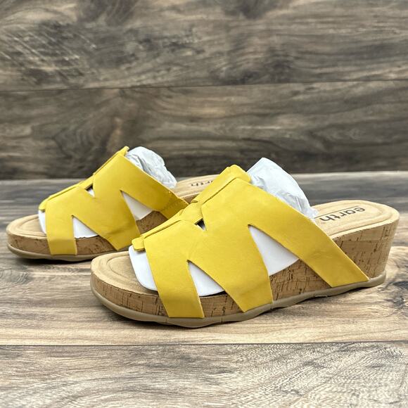NIB Earth Willow 8.5M Yellow Leather Slip On Cork Platform Wedge Slide Sandal - Picture 4 of 10
